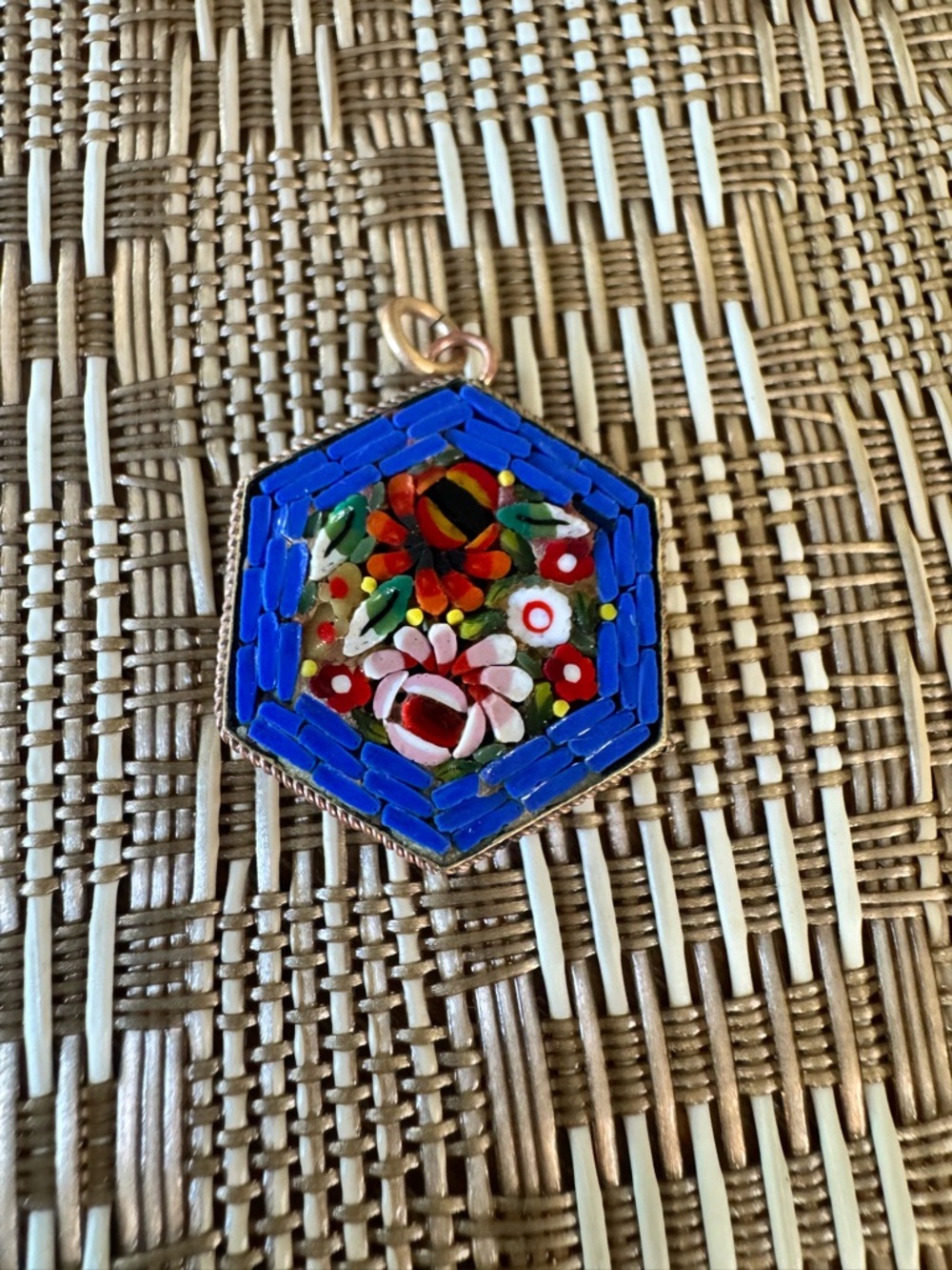 Vintage Blue Floral Hexagon Murano Millefiori Pendant Signed Made in Italy